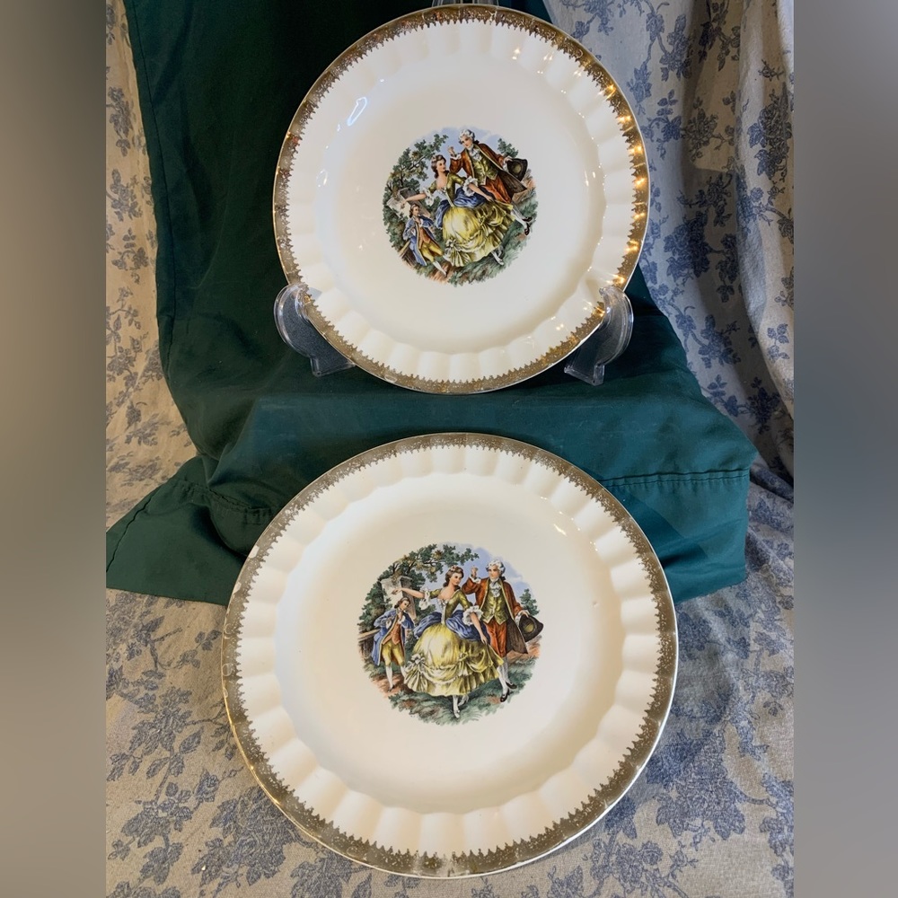 VTG Set of 2 The Cronin China Co 10" Plates ft Colonial Courting Scene Gold Trim